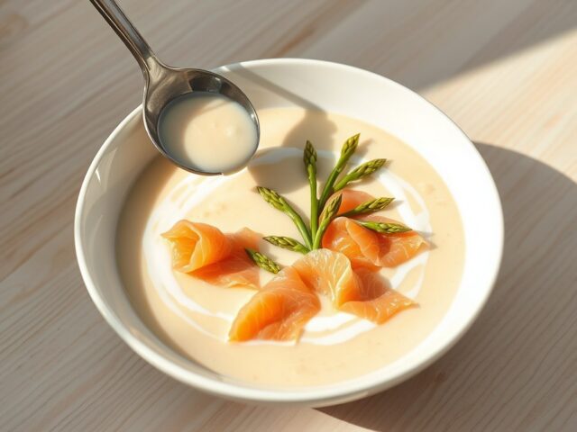 Aspergeroomsoep met gerookte heilbot en gerookte zalm