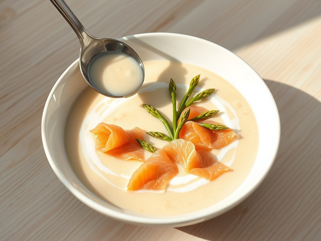 Aspergeroomsoep met gerookte heilbot en gerookte zalm, AI-gegenereerde illustratie
