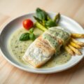 Asperges in basilicum saus, zeeduivel met een tomaatje