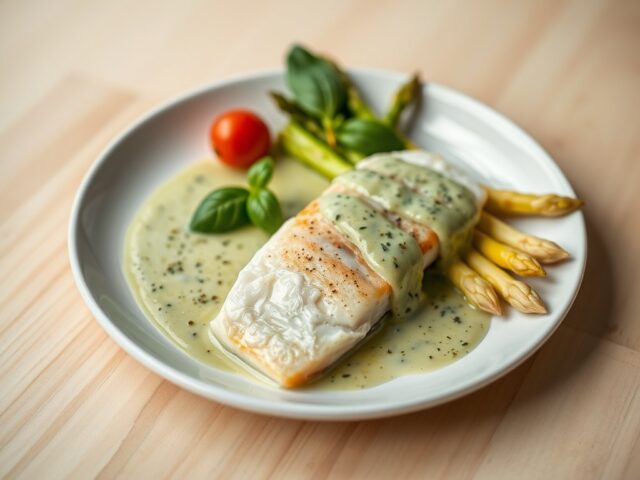 Asperges in basilicum saus, zeeduivel met een tomaatje