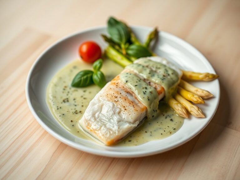 Asperges in basilicum saus, zeeduivel met een tomaatje