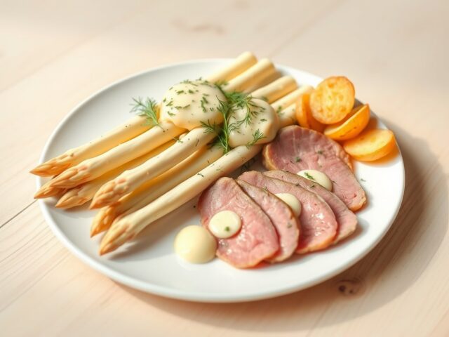 Asperges met dille, rosbief en gebakken nieuwe krielaardappeltjes