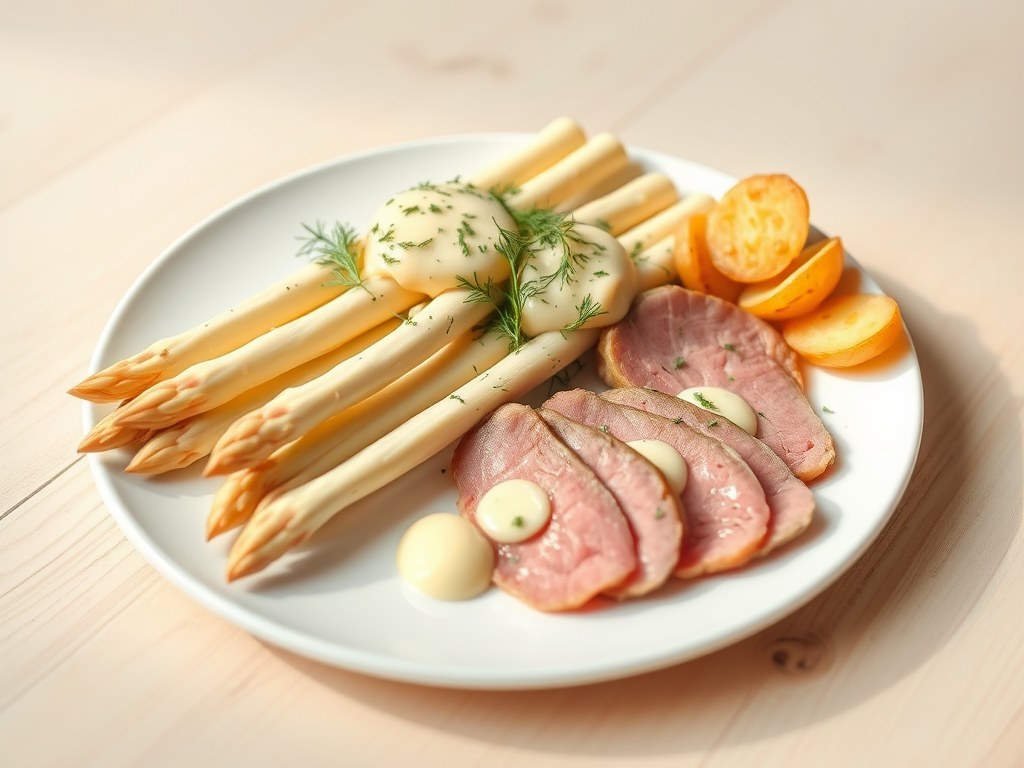 Asperges met dille, rosbief en gebakken nieuwe krielaardappeltjes, AI-gegenereerde illustratie