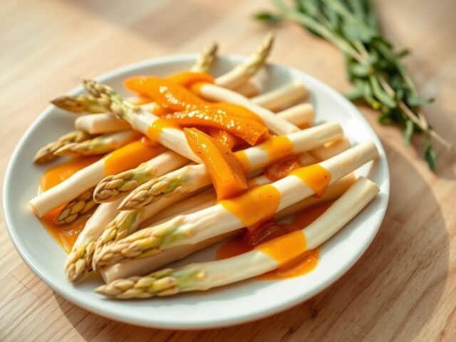 Asperges met een saus van geroosterde paprika’s