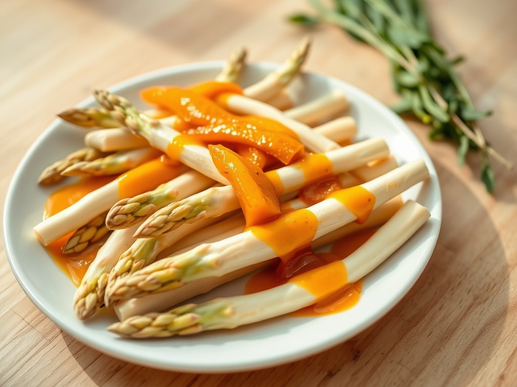Asperges met een saus van geroosterde paprika’s, AI-gegenereerde illustratie