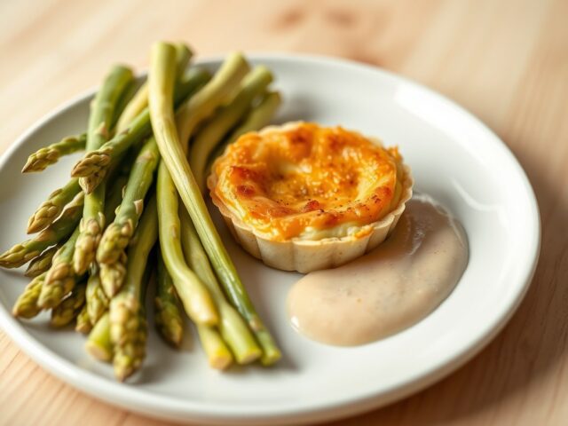 Asperges met een truffelaardappeltaartje en zalmsa