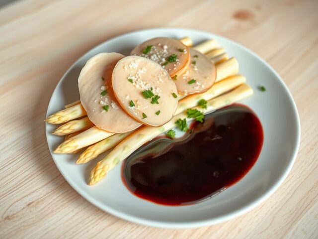 Asperges met ganzenlever en rode portsaus