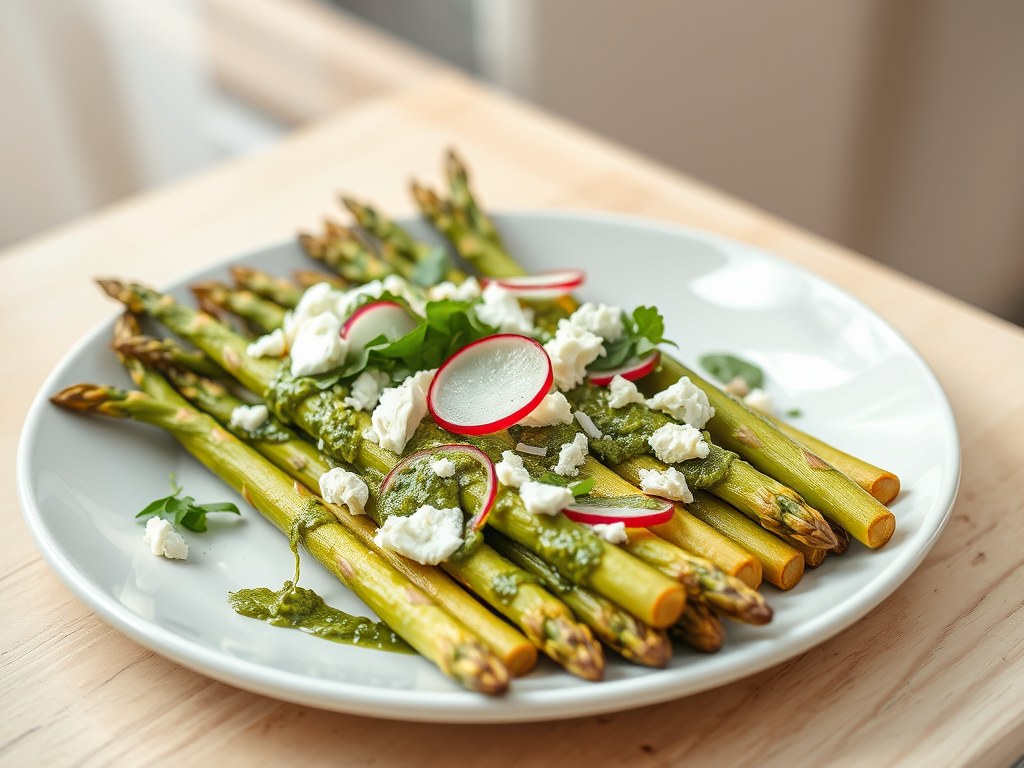 Asperges met geitenkaas en rucolasaus, AI-gegenereerde illustratie
