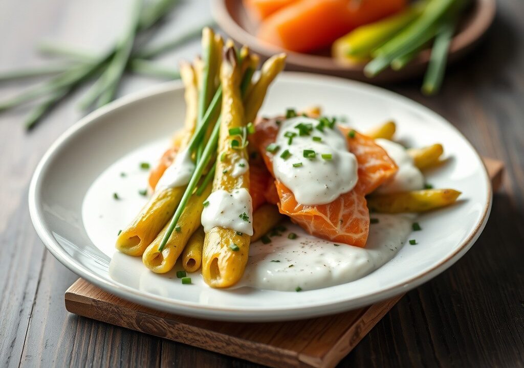 Asperges met gepocheerde zalm en bieslooksaus, AI-gegenereerde illustratie