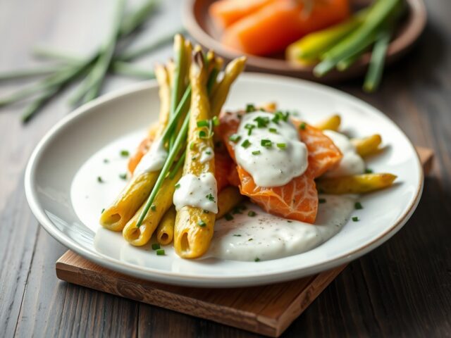 Asperges met gepocheerde zalm en bieslooksaus