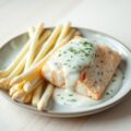Asperges met gepocheerde zalm en dillesaus.