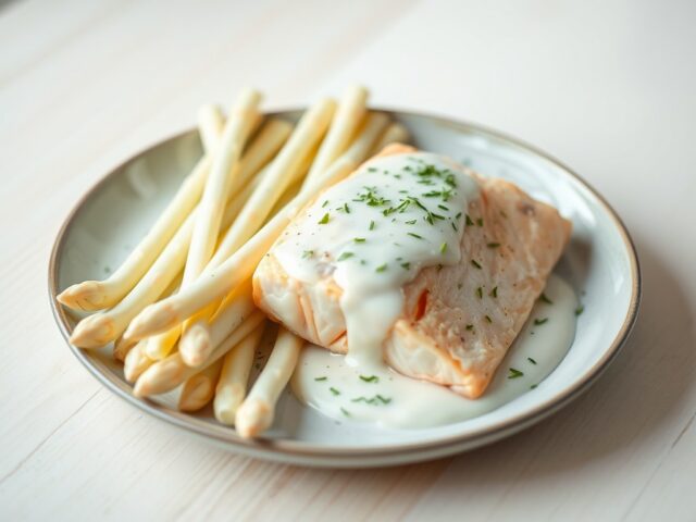 Asperges met gepocheerde zalm en dillesaus.
