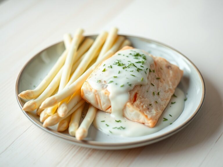 Asperges met gepocheerde zalm en dillesaus.
