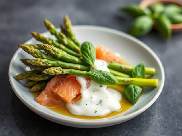 Asperges met gerookte zalm en basilicum saus