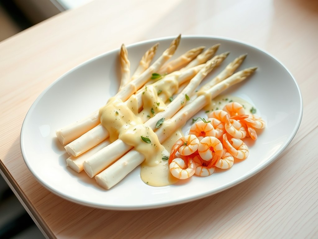 Asperges met Hollandse garnalen en dragonsaus, AI-gegenereerde illustratie