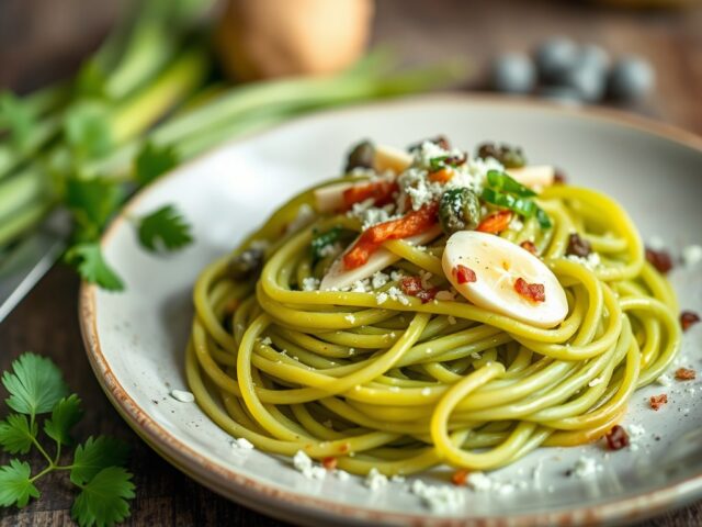 Asperges met kreeft en groene spaghetti — AI-gegenereerde illustratie