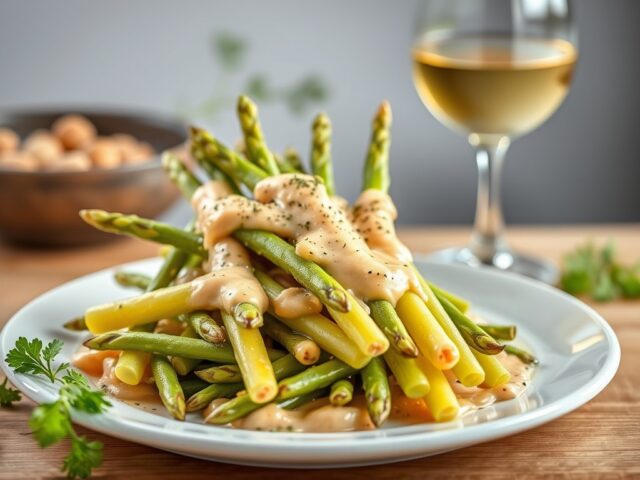 Asperges met kreeft en mosterdsaus — AI-gegenereerde illustratie