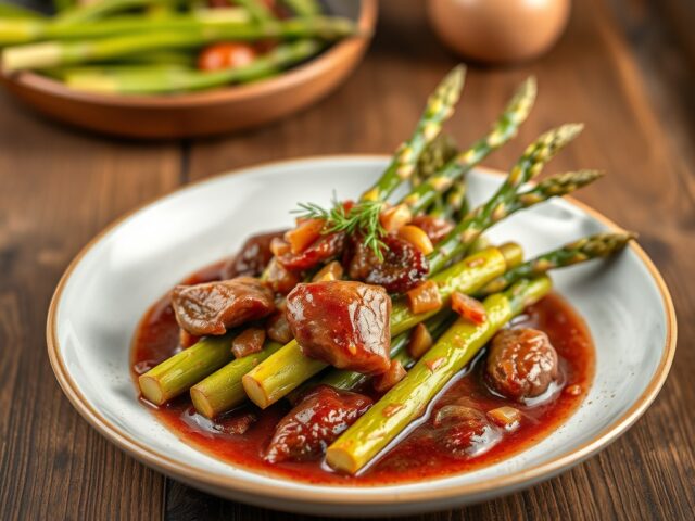 Asperges met ossenhaas en rode wijn saus