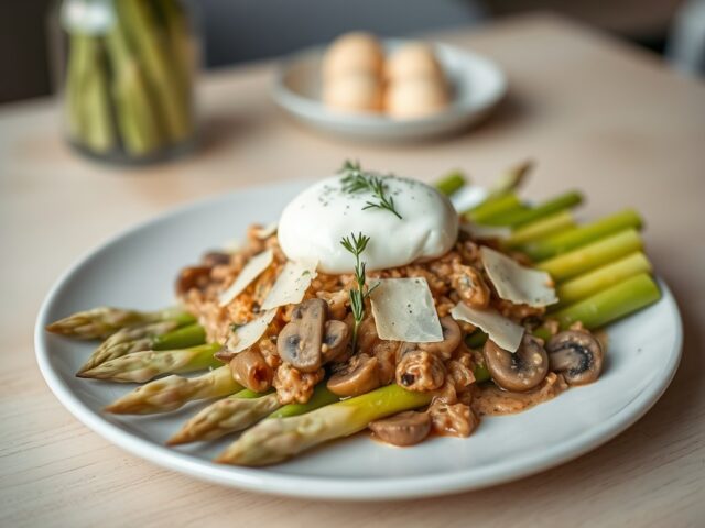 Asperges met paddestoelenragout, parmezaanse kaas