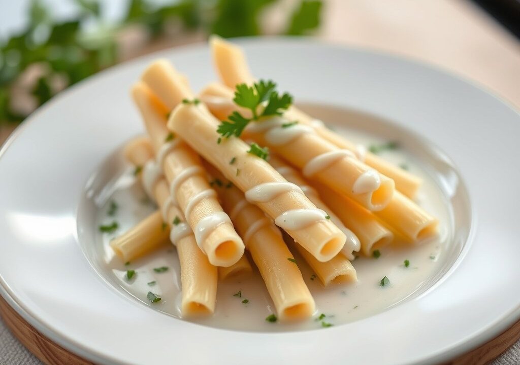 Asperges met peterseliecoulis en zeebaars, AI-gegenereerde illustratie