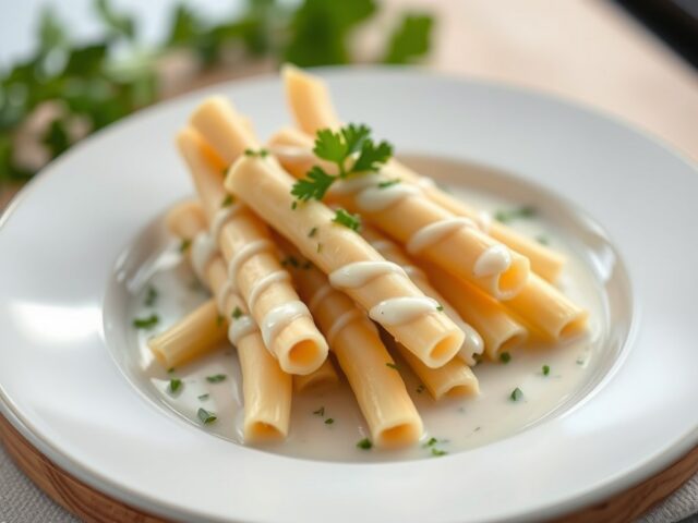 Asperges met peterseliecoulis en zeebaars — AI-gegenereerde illustratie