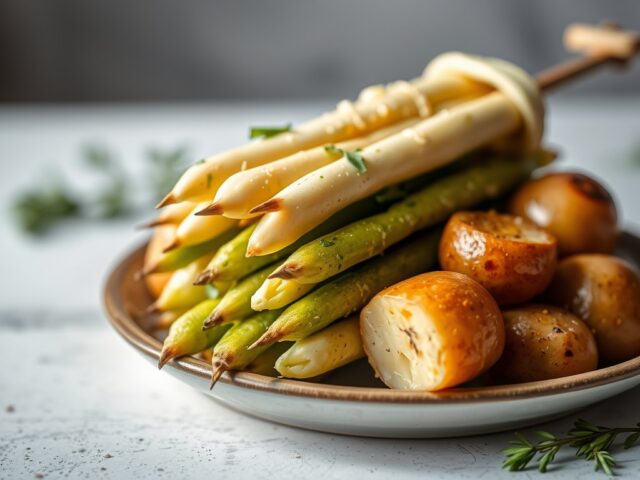 Asperges met piepkuiken aan het spit — AI-gegenereerde illustratie