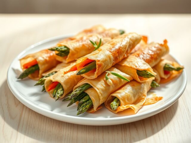 Asperges met rode paprika in een jasje van filodeeg