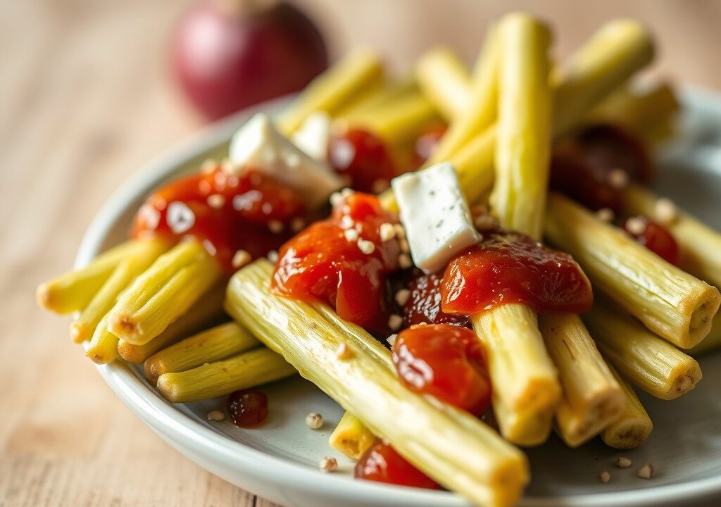 Asperges met rode uienchutney en roquefort, AI-gegenereerde illustratie