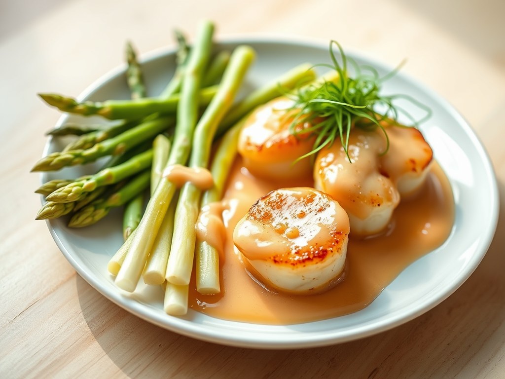 Asperges met sint-jacobsmosselen, AI-gegenereerde illustratie
