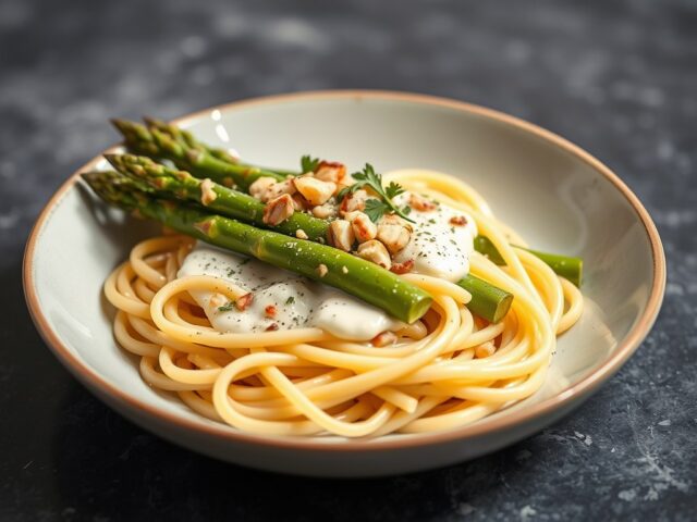 Asperges met snoekbaarsfilet en tagliatelle