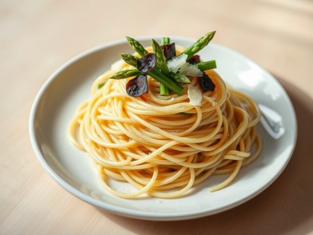 Asperges met spaghetti,truffelkrullen