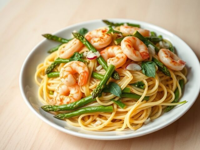 Asperges met tagliatelle en garnalen