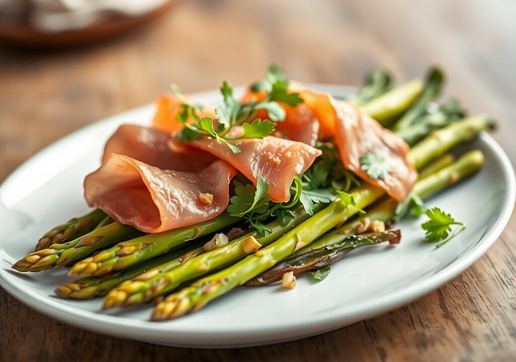 Asperges met witlofsalade en lamsham, AI-gegenereerde illustratie