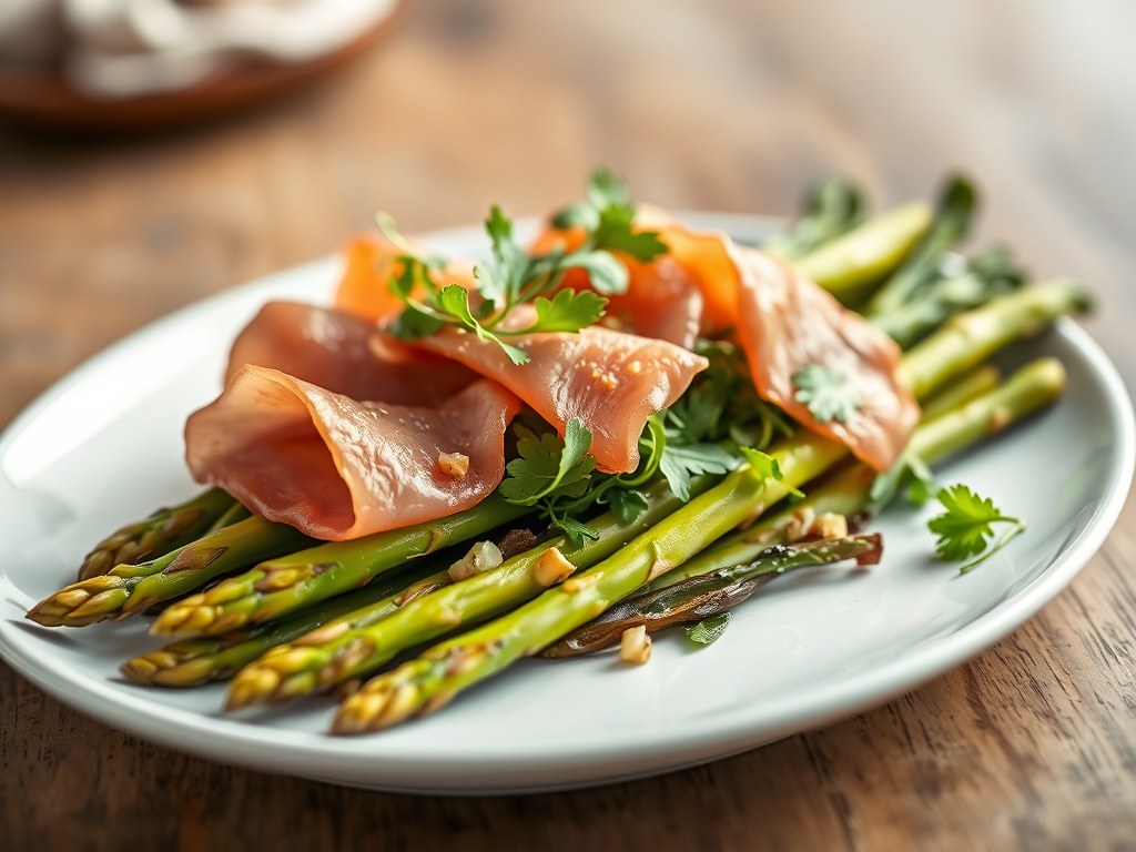 Asperges met witlofsalade en lamsham, AI-gegenereerde illustratie