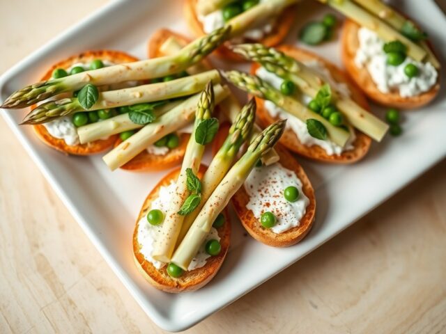 Asperges op crostini met ricotta en doperwten