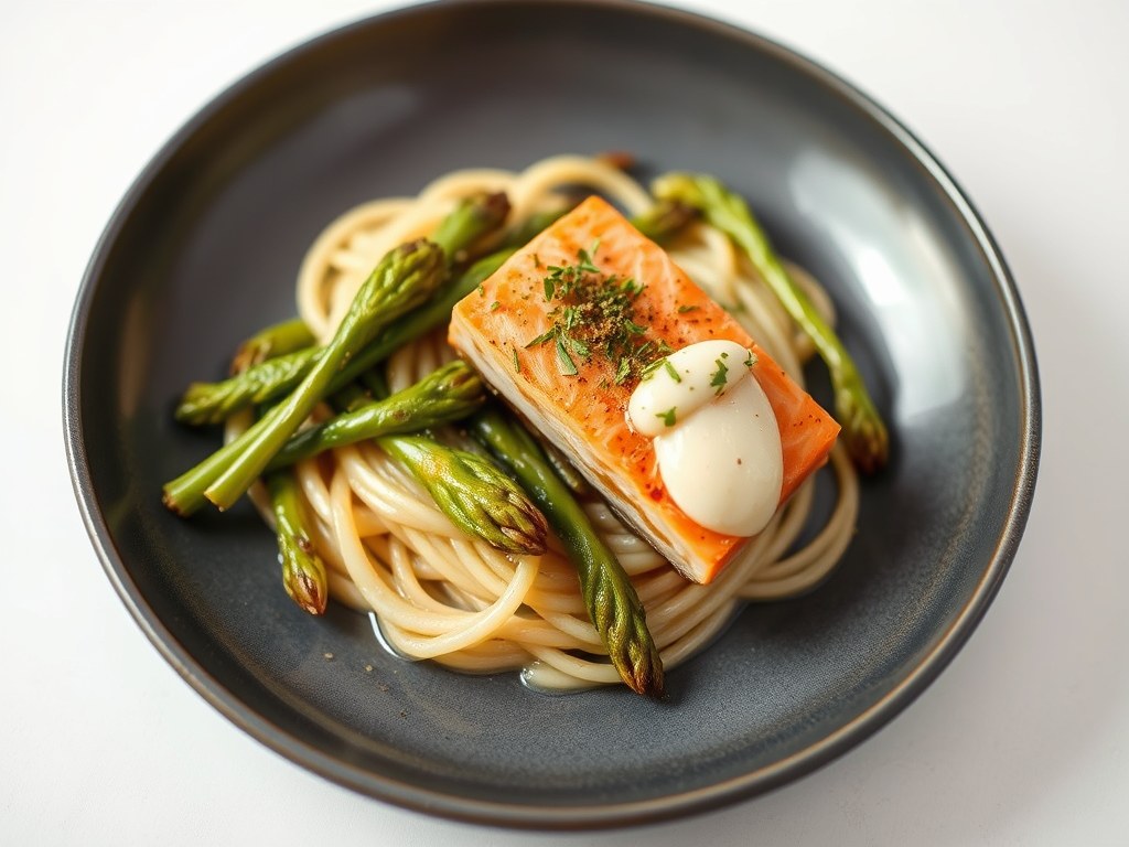 Aspergeschotel met sinaasappelgremolata en zalm, AI-gegenereerde illustratie