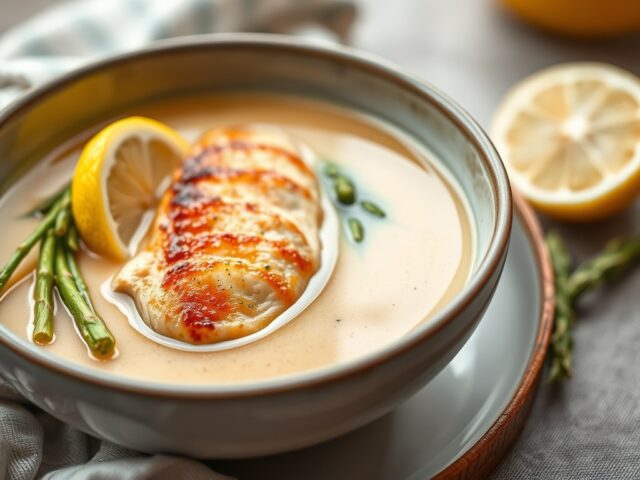 Aspergesoep met gerookte kip