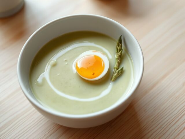 Aspergesroomsoep van groene asperges met kwartelei