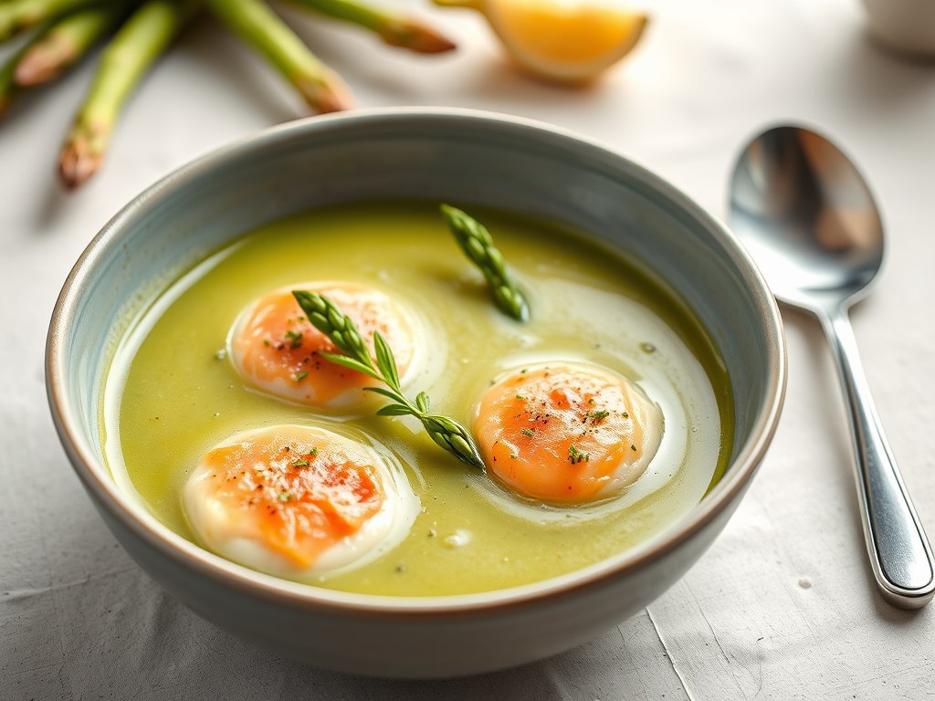 Aspergessoep met zalmquenelles, AI-gegenereerde illustratie