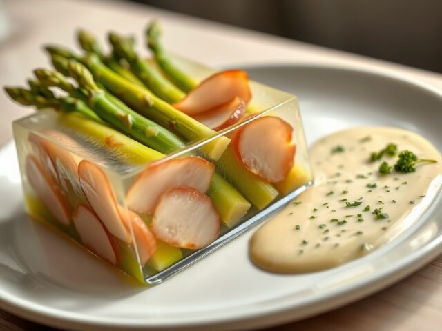Aspic van Limburgse asperges met mosterdcrème