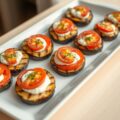 Aubergine borrelhapjes met tomaat, roomkaas en mozzarella