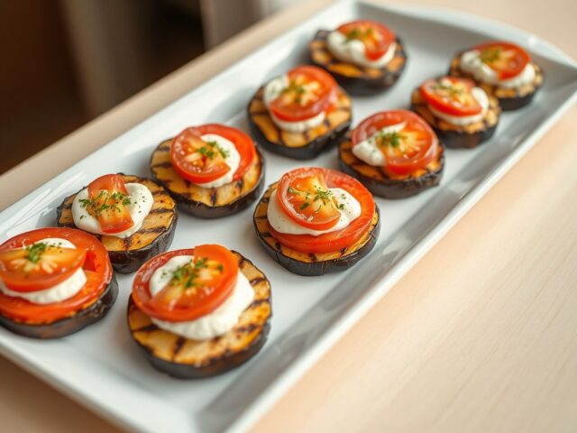 Aubergine borrelhapjes met tomaat, roomkaas en mozzarella