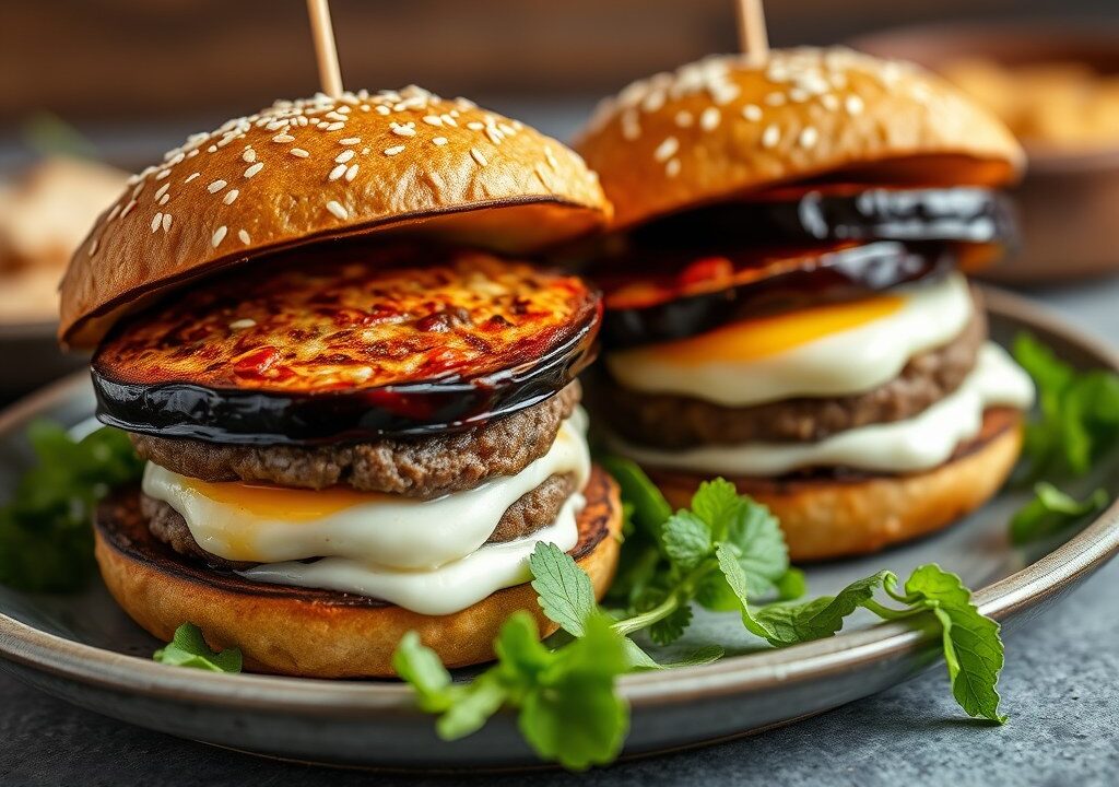 Aubergine burgers met ricotta en mozzarella, AI-gegenereerde illustratie