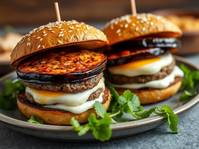 Aubergine burgers met ricotta en mozzarella — AI-gegenereerde illustratie