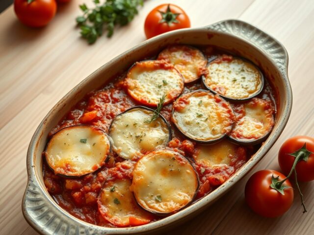 Aubergine-Kaas Schotel in Tomatensaus