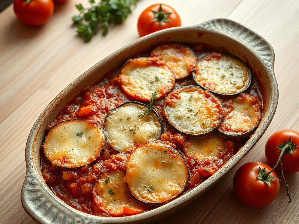 Aubergine-Kaas Schotel in Tomatensaus, AI-gegenereerde illustratie