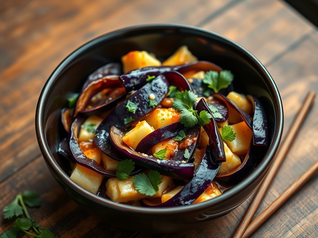 Aubergine met een Eitje Geroerbakt, AI-gegenereerde illustratie