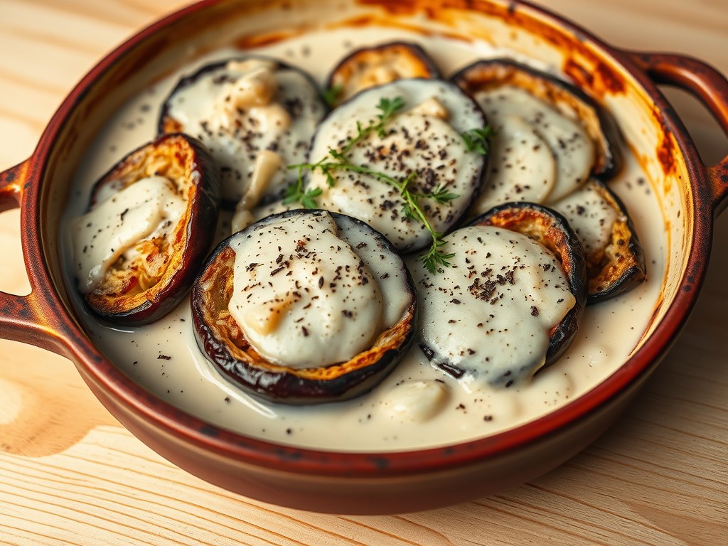 Aubergine met kokosmelk (oven) uit de Cariben, AI-gegenereerde illustratie
