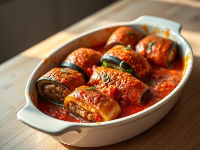 Aubergine rolletjes gevuld met gehakt