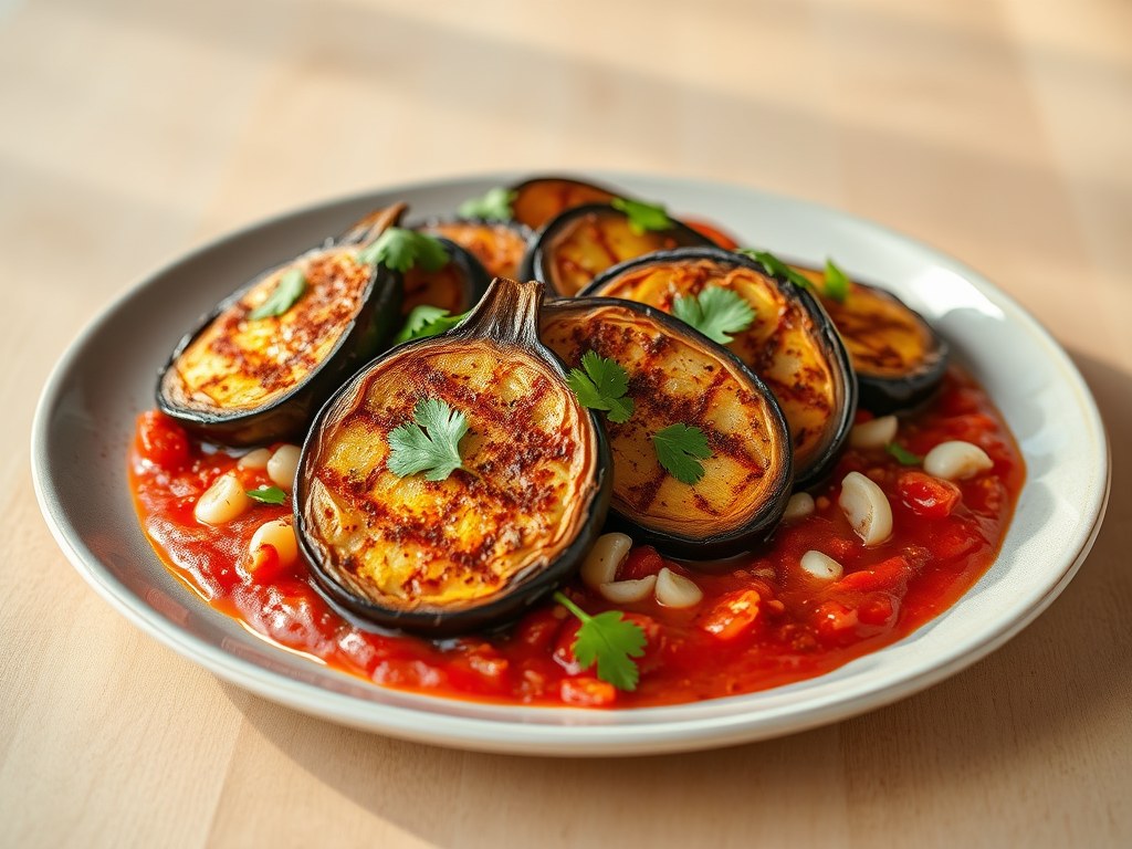 Aubergine Salade met Tomatensaus, AI-gegenereerde illustratie
